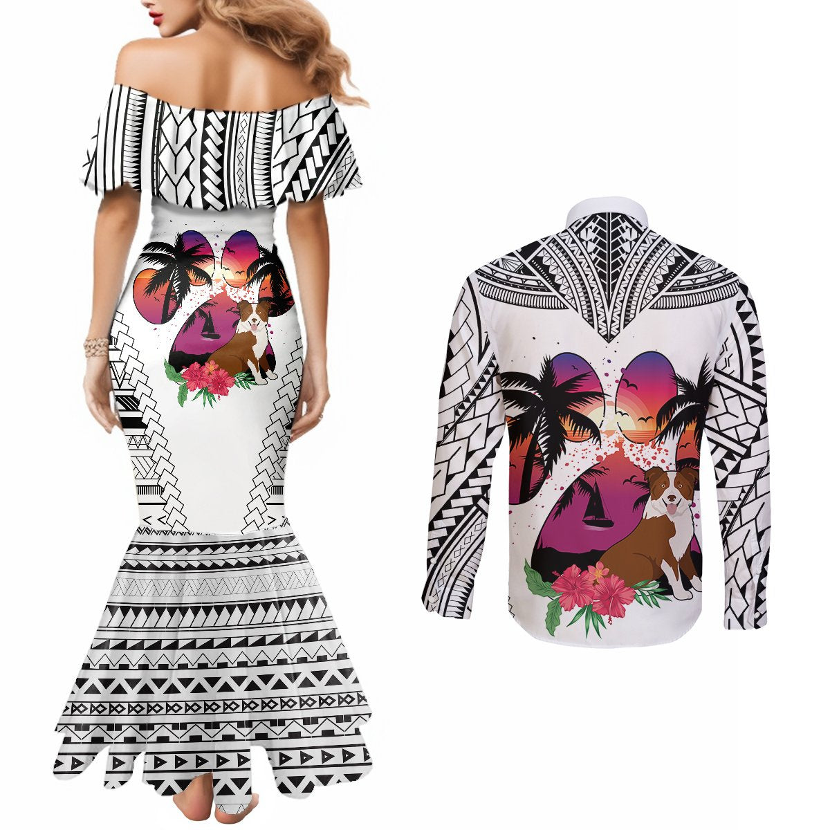 Polynesian Couples Matching Mermaid Dress and Long Sleeve Button Shirts Dog Lover With Border Collie - Sunset At The Beach White Ver LT7 - Polynesian Pride