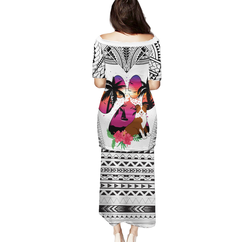 Polynesian Puletasi Dog Lover With Border Collie - Sunset At The Beach White Ver LT7 - Polynesian Pride