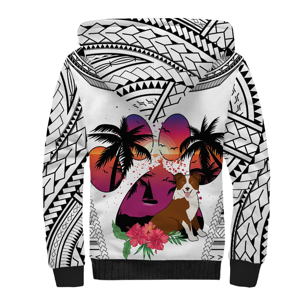 Polynesian Sherpa Hoodie Dog Lover With Border Collie - Sunset At The Beach White Ver LT7 - Polynesian Pride