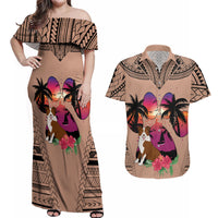 Polynesian Couples Matching Off Shoulder Maxi Dress and Hawaiian Shirt Dog Lover With Border Collie - Sunset At The Beach Brown Ver LT7 Brown - Polynesian Pride