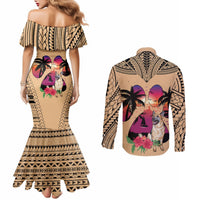 Polynesian Couples Matching Mermaid Dress and Long Sleeve Button Shirts Dog Lover With German Shepherd - Sunset At The Beach LT7 - Polynesian Pride