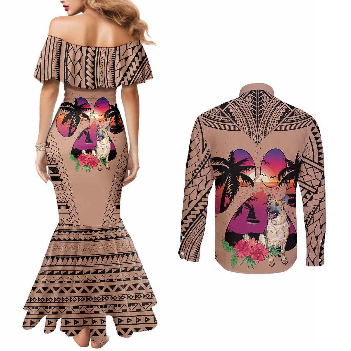 Polynesian Couples Matching Mermaid Dress and Long Sleeve Button Shirts Dog Lover With German Shepherd - Sunset At The Beach Brown Ver LT7 - Polynesian Pride