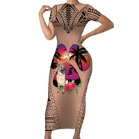 Polynesian Short Sleeve Bodycon Dress Dog Lover With German Shepherd - Sunset At The Beach Brown Ver LT7 Long Dress Brown - Polynesian Pride