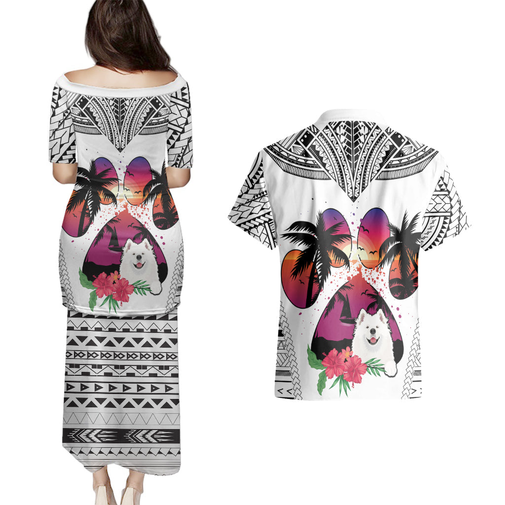 Polynesian Couples Matching Puletasi Dress and Hawaiian Shirt Dog Lover With Samoyed - Sunset At The Beach White Ver LT7 - Polynesian Pride