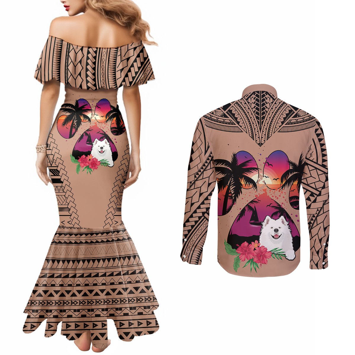 Polynesian Couples Matching Mermaid Dress and Long Sleeve Button Shirts Dog Lover With Samoyed - Sunset At The Beach Brown Ver LT7 - Polynesian Pride