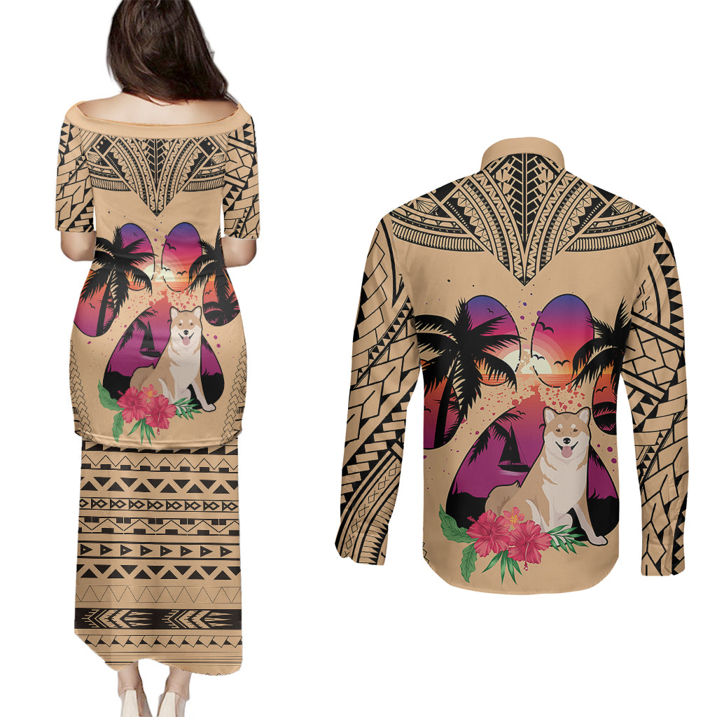 Polynesian Couples Matching Puletasi Dress and Long Sleeve Button Shirts Dog Lover With Shiba Inu - Sunset At The Beach LT7 - Polynesian Pride