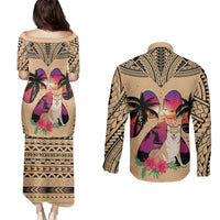 Polynesian Couples Matching Puletasi Dress and Long Sleeve Button Shirts Dog Lover With Shiba Inu - Sunset At The Beach LT7 - Polynesian Pride