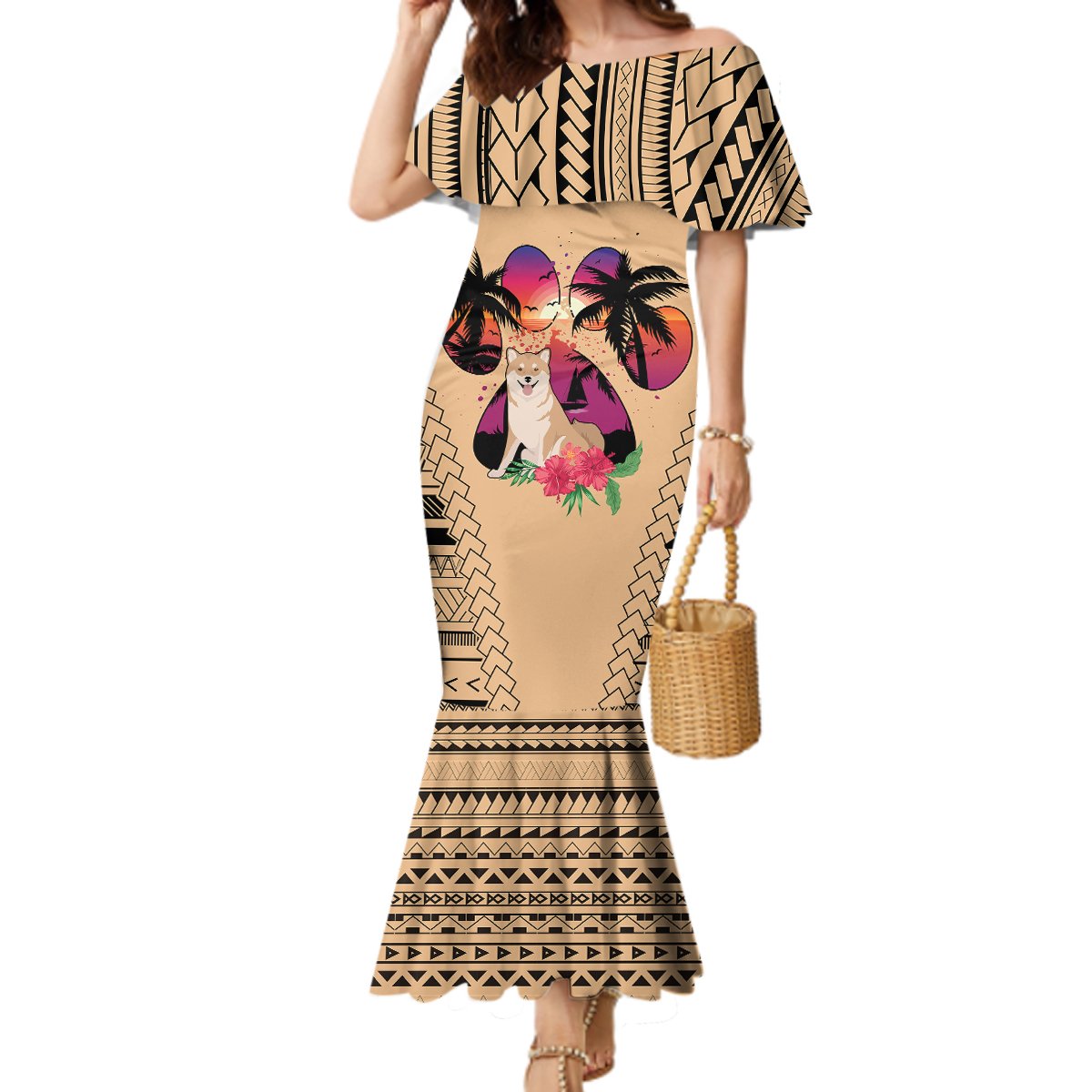 Polynesian Mermaid Dress Dog Lover With Shiba Inu - Sunset At The Beach LT7 Women Coral - Polynesian Pride