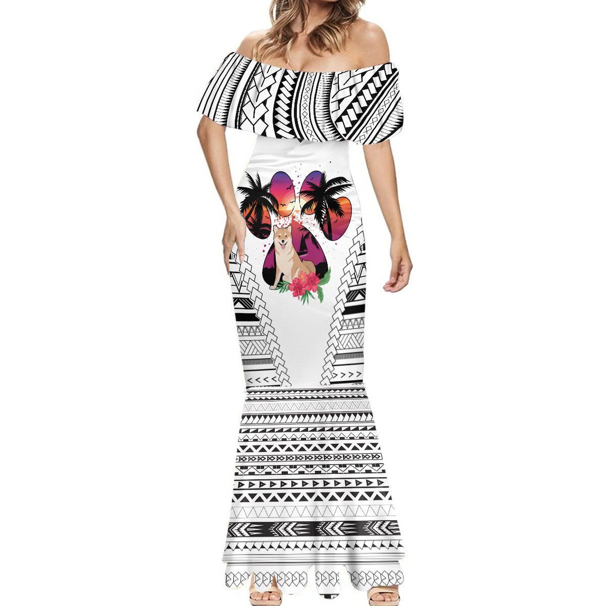 Polynesian Mermaid Dress Dog Lover With Shiba Inu - Sunset At The Beach White Ver LT7 - Polynesian Pride