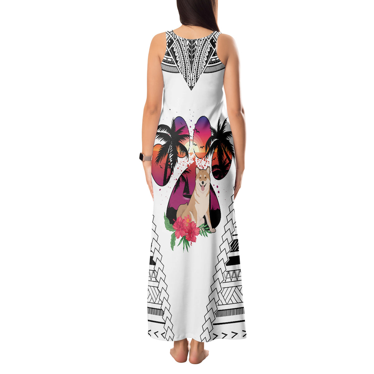 Polynesian Tank Maxi Dress Dog Lover With Shiba Inu - Sunset At The Beach White Ver LT7 - Polynesian Pride