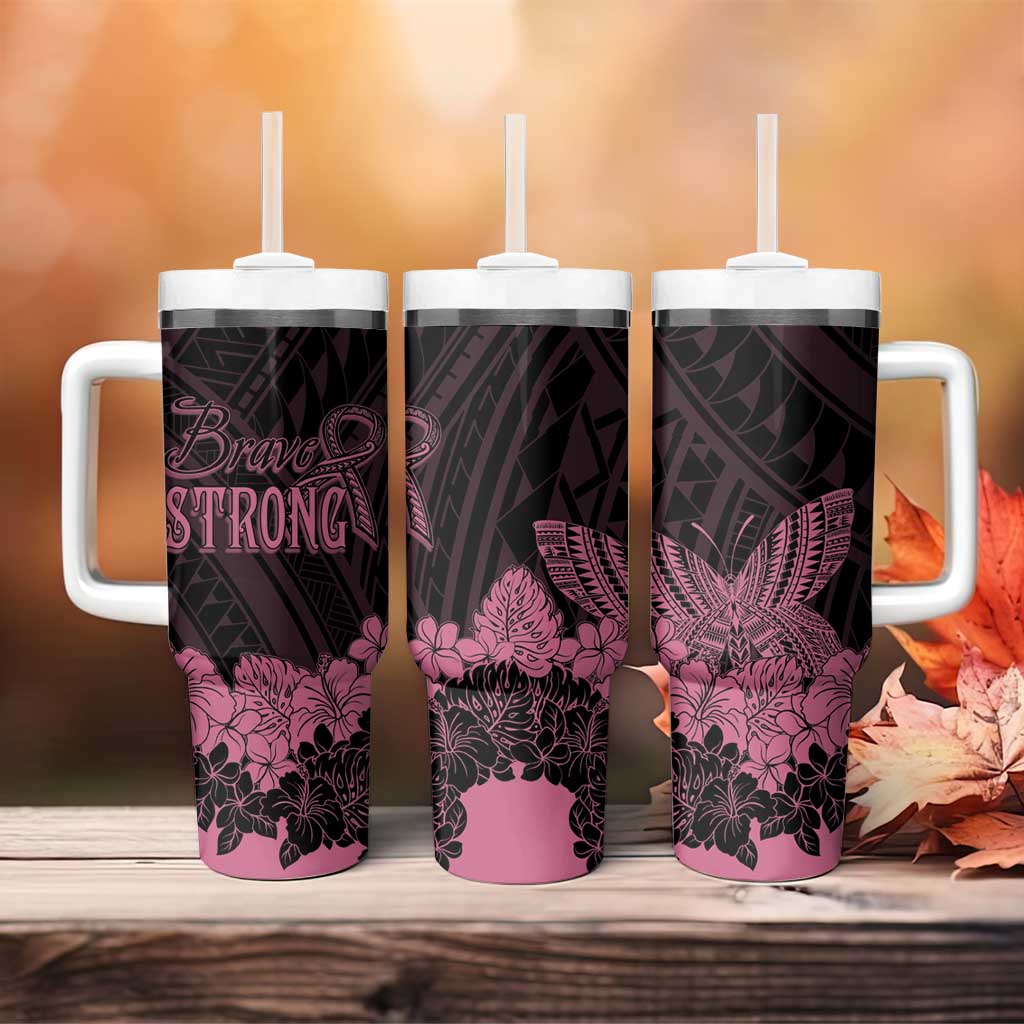 Polynesian Breast Cancer Awareness Tumbler With Handle Floral Butterfly