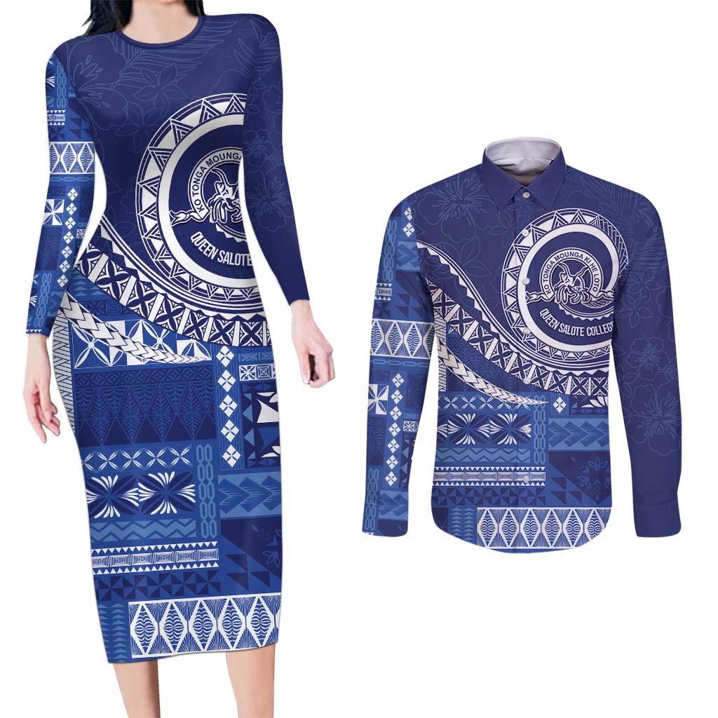 Queen Salote College 100th Anniversary Couples Matching Long Sleeve Bodycon Dress and Long Sleeve Button Shirt QSC Royal Girls LT7 Royal Blue - Polynesian Pride