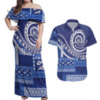 Queen Salote College 100th Anniversary Couples Matching Off Shoulder Maxi Dress and Hawaiian Shirt QSC Royal Girls LT7 Royal Blue - Polynesian Pride