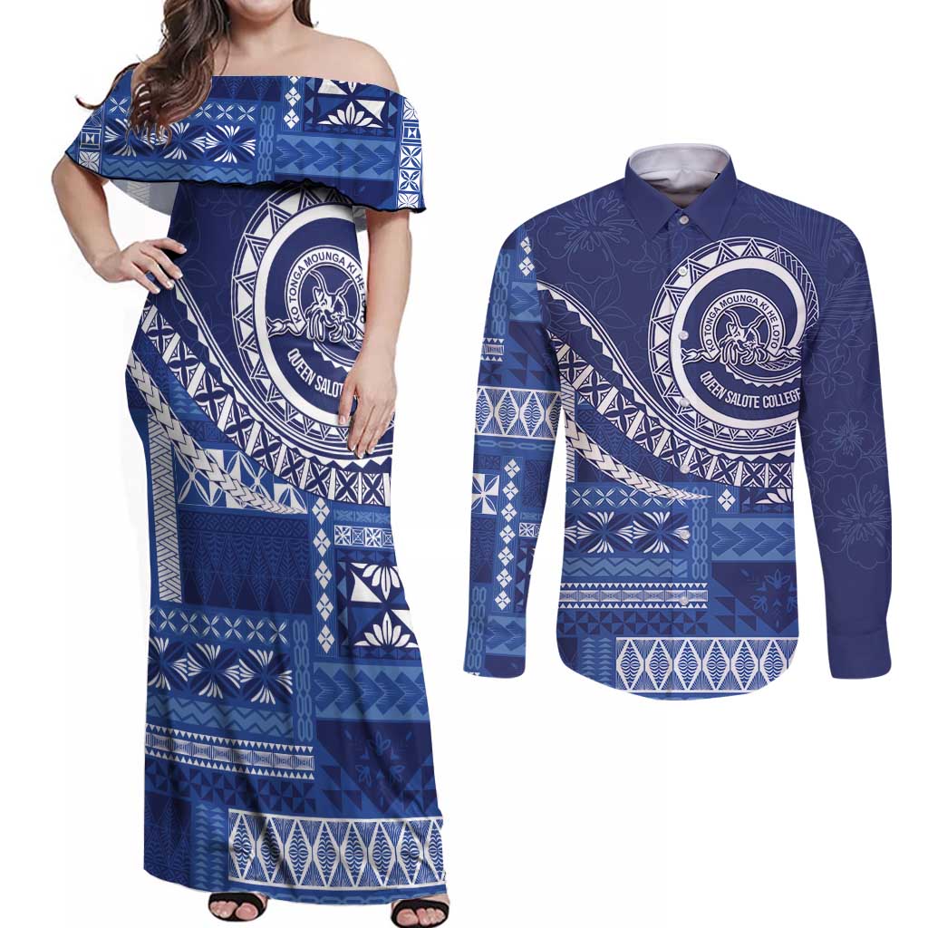 Queen Salote College 100th Anniversary Couples Matching Off Shoulder Maxi Dress and Long Sleeve Button Shirt QSC Royal Girls LT7 Royal Blue - Polynesian Pride