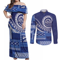 Queen Salote College 100th Anniversary Couples Matching Off Shoulder Maxi Dress and Long Sleeve Button Shirt QSC Royal Girls LT7 Royal Blue - Polynesian Pride