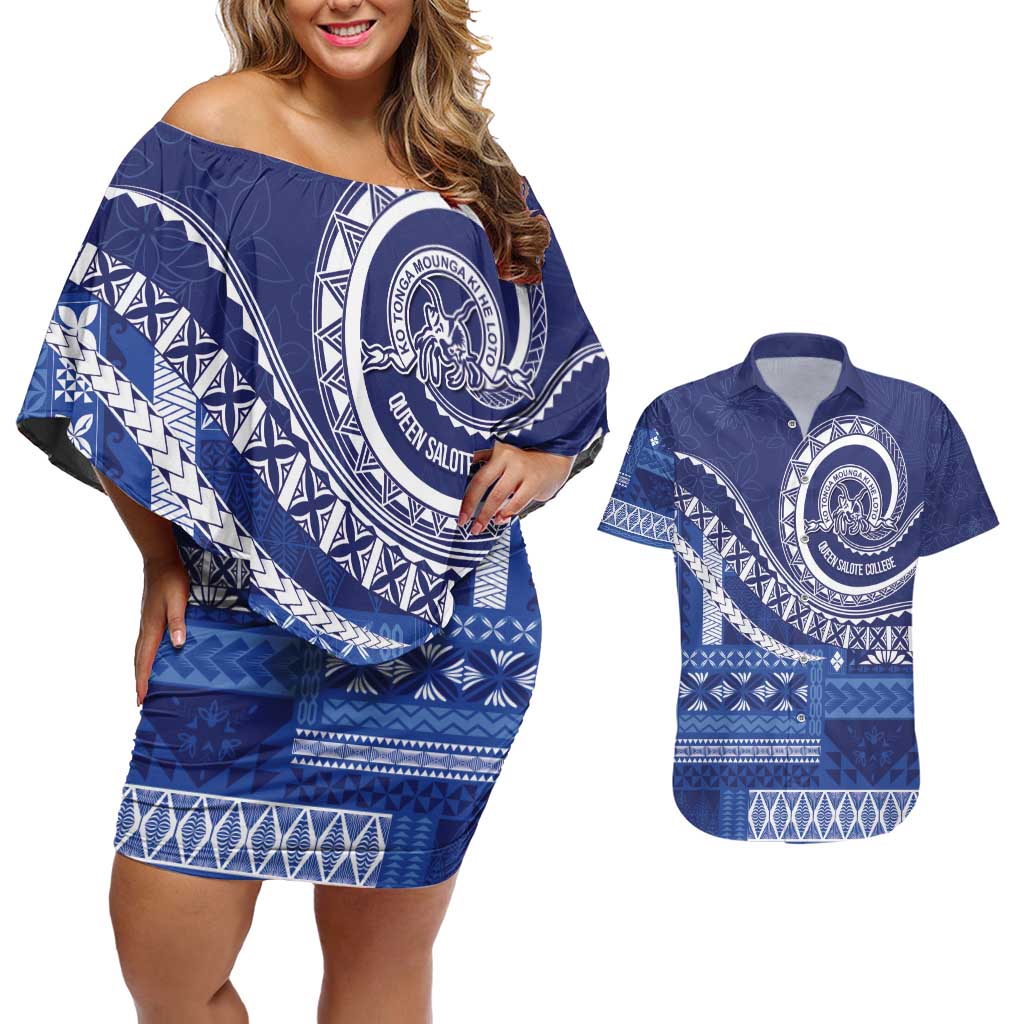Queen Salote College 100th Anniversary Couples Matching Off Shoulder Short Dress and Hawaiian Shirt QSC Royal Girls LT7 Royal Blue - Polynesian Pride
