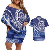 Queen Salote College 100th Anniversary Couples Matching Off Shoulder Short Dress and Hawaiian Shirt QSC Royal Girls LT7 Royal Blue - Polynesian Pride