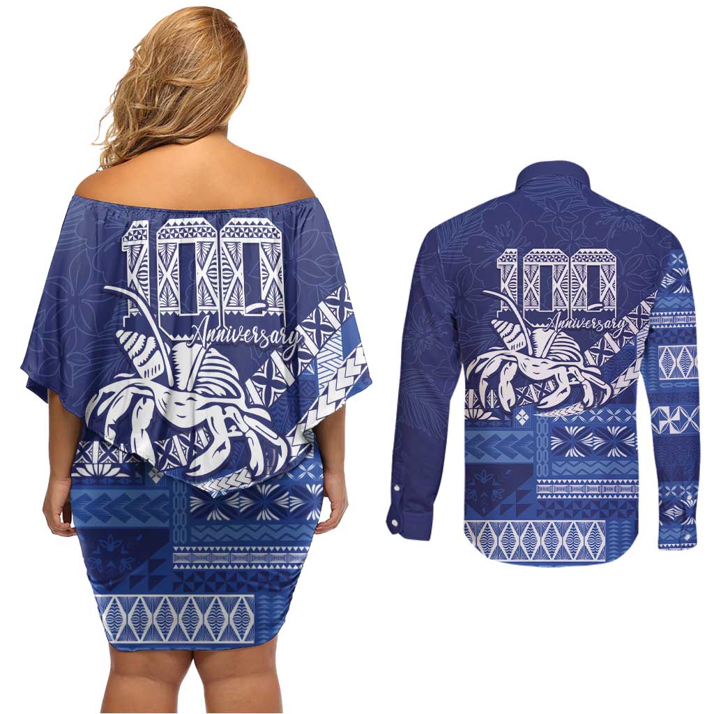 Queen Salote College 100th Anniversary Couples Matching Off Shoulder Short Dress and Long Sleeve Button Shirt QSC Royal Girls LT7 - Polynesian Pride