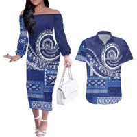 Queen Salote College 100th Anniversary Couples Matching Off The Shoulder Long Sleeve Dress and Hawaiian Shirt QSC Royal Girls LT7 Royal Blue - Polynesian Pride