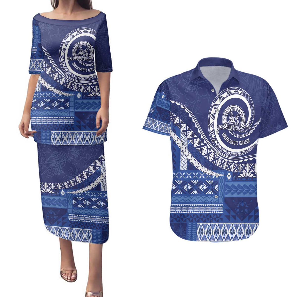 Queen Salote College 100th Anniversary Couples Matching Puletasi and Hawaiian Shirt QSC Royal Girls LT7 Royal Blue - Polynesian Pride