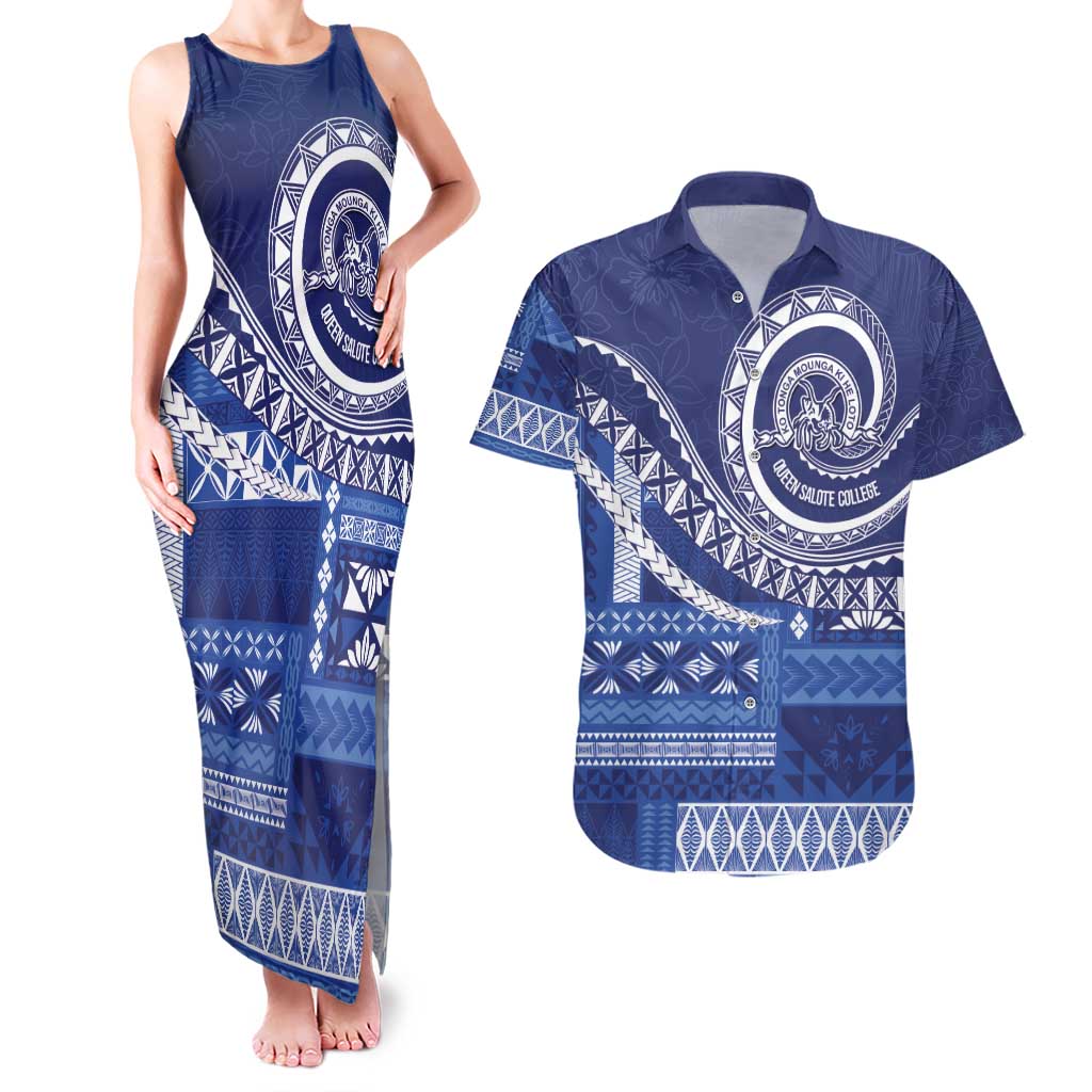 Queen Salote College 100th Anniversary Couples Matching Tank Maxi Dress and Hawaiian Shirt QSC Royal Girls LT7 Royal Blue - Polynesian Pride