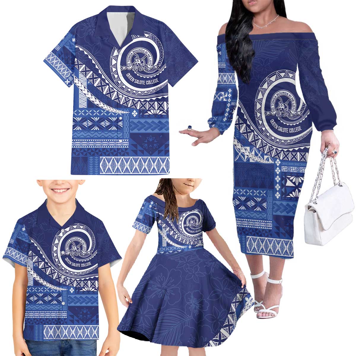 Queen Salote College 100th Anniversary Family Matching Off The Shoulder Long Sleeve Dress and Hawaiian Shirt QSC Royal Girls LT7 - Polynesian Pride
