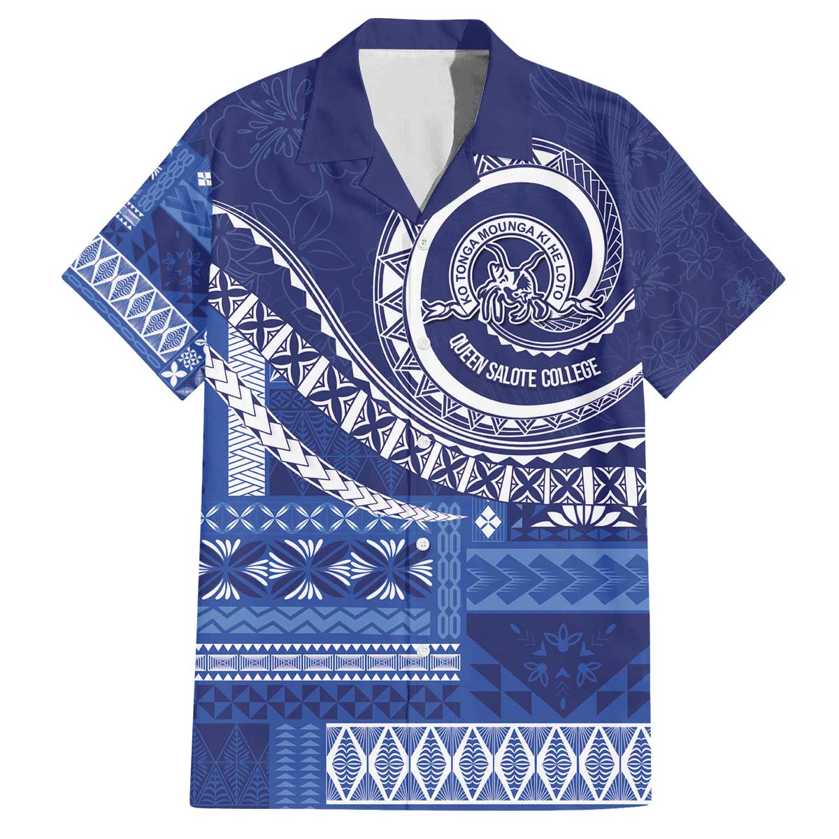 Queen Salote College 100th Anniversary Family Matching Off The Shoulder Long Sleeve Dress and Hawaiian Shirt QSC Royal Girls LT7 Dad's Shirt - Short Sleeve Royal Blue - Polynesian Pride