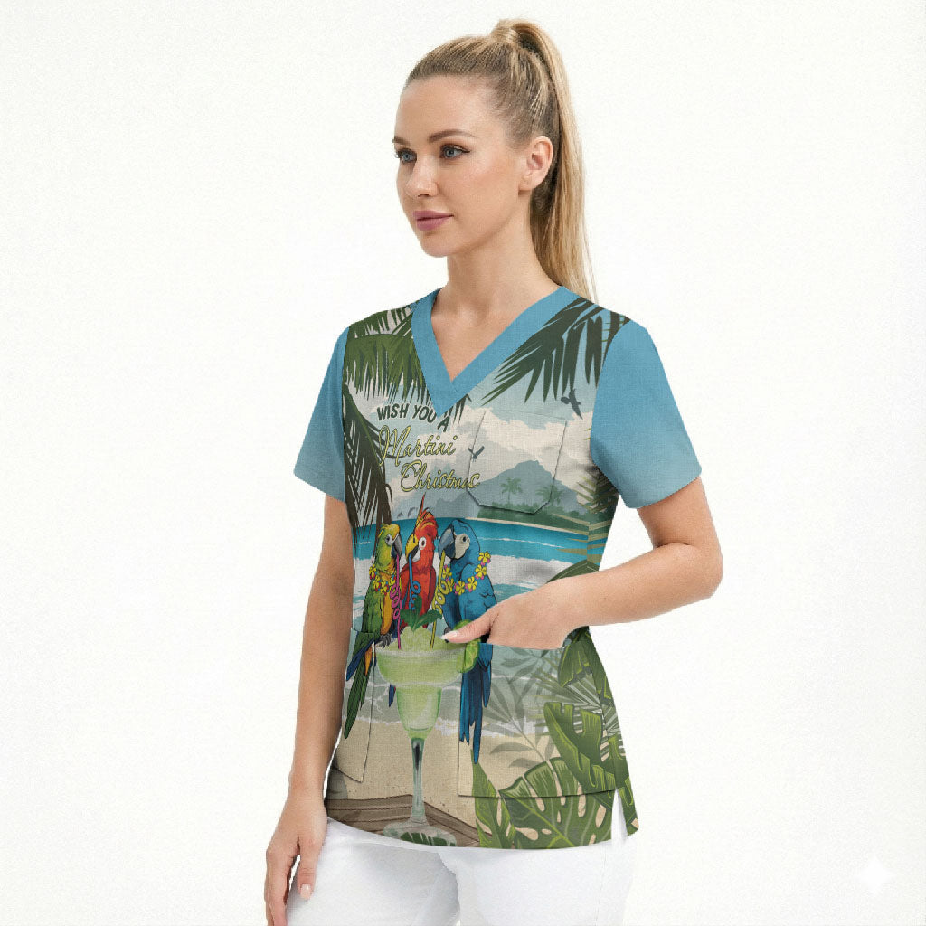Wish You A Merry Martini Christmas Scrub Top Cocktail Parrot-dise