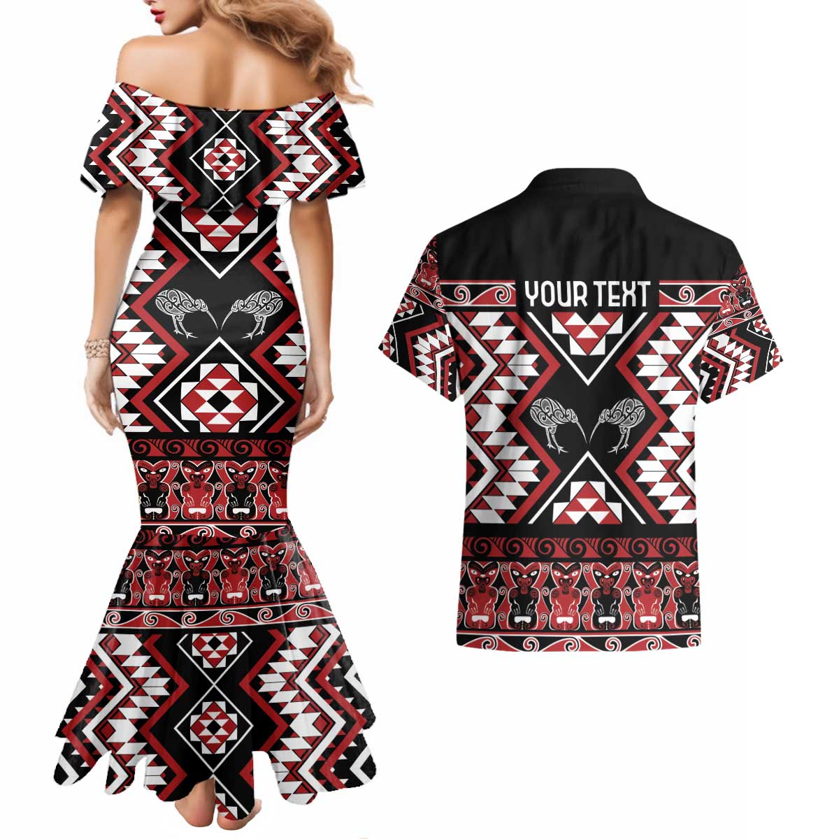 Personalised Taniko Motifs Aotearoa Couples Matching Mermaid Dress and Hawaiian Shirt Waitangi Kowhaiwhai Kiwi LT7 - Polynesian Pride
