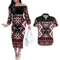 Personalised Taniko Motifs Aotearoa Couples Matching Off The Shoulder Long Sleeve Dress and Hawaiian Shirt Waitangi Kowhaiwhai Kiwi LT7 Red - Polynesian Pride