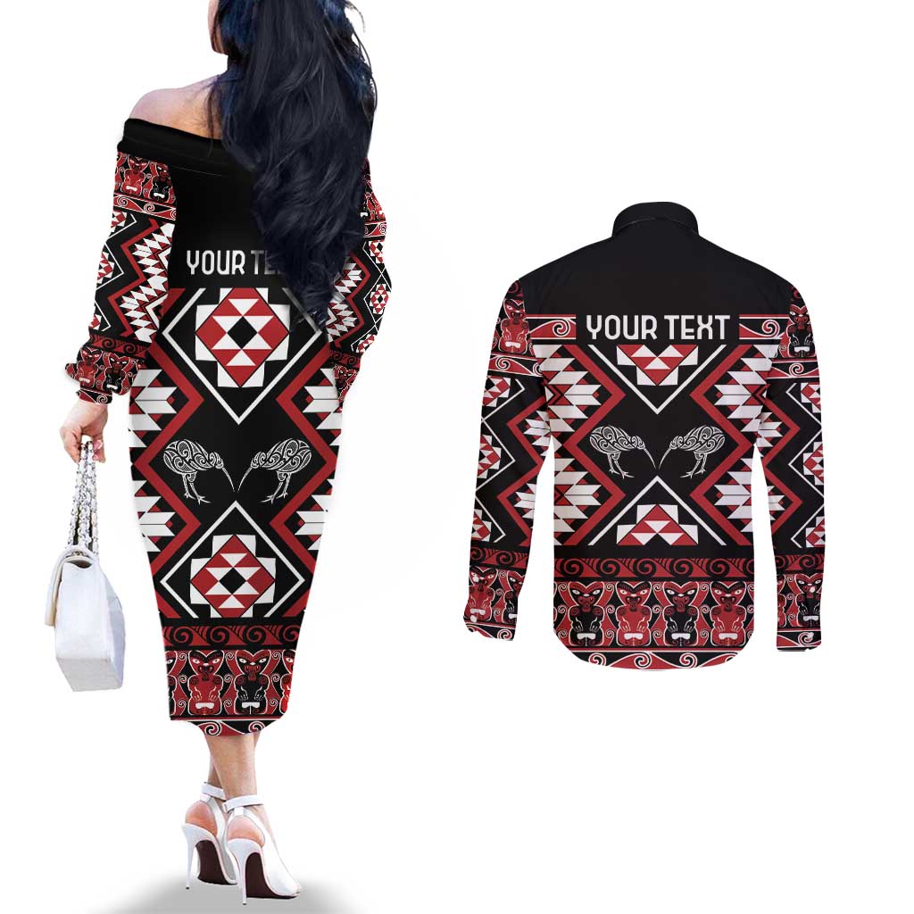 Personalised Taniko Motifs Aotearoa Couples Matching Off The Shoulder Long Sleeve Dress and Long Sleeve Button Shirt Waitangi Kowhaiwhai Kiwi LT7 - Polynesian Pride