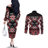 Personalised Taniko Motifs Aotearoa Couples Matching Off The Shoulder Long Sleeve Dress and Long Sleeve Button Shirt Waitangi Kowhaiwhai Kiwi LT7 - Polynesian Pride