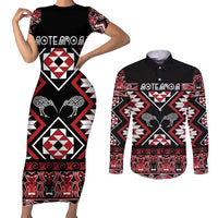 Personalised Taniko Motifs Aotearoa Couples Matching Short Sleeve Bodycon Dress and Long Sleeve Button Shirt Waitangi Kowhaiwhai Kiwi LT7 Red - Polynesian Pride