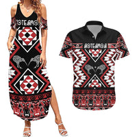 Personalised Taniko Motifs Aotearoa Couples Matching Summer Maxi Dress and Hawaiian Shirt Waitangi Kowhaiwhai Kiwi LT7 Red - Polynesian Pride