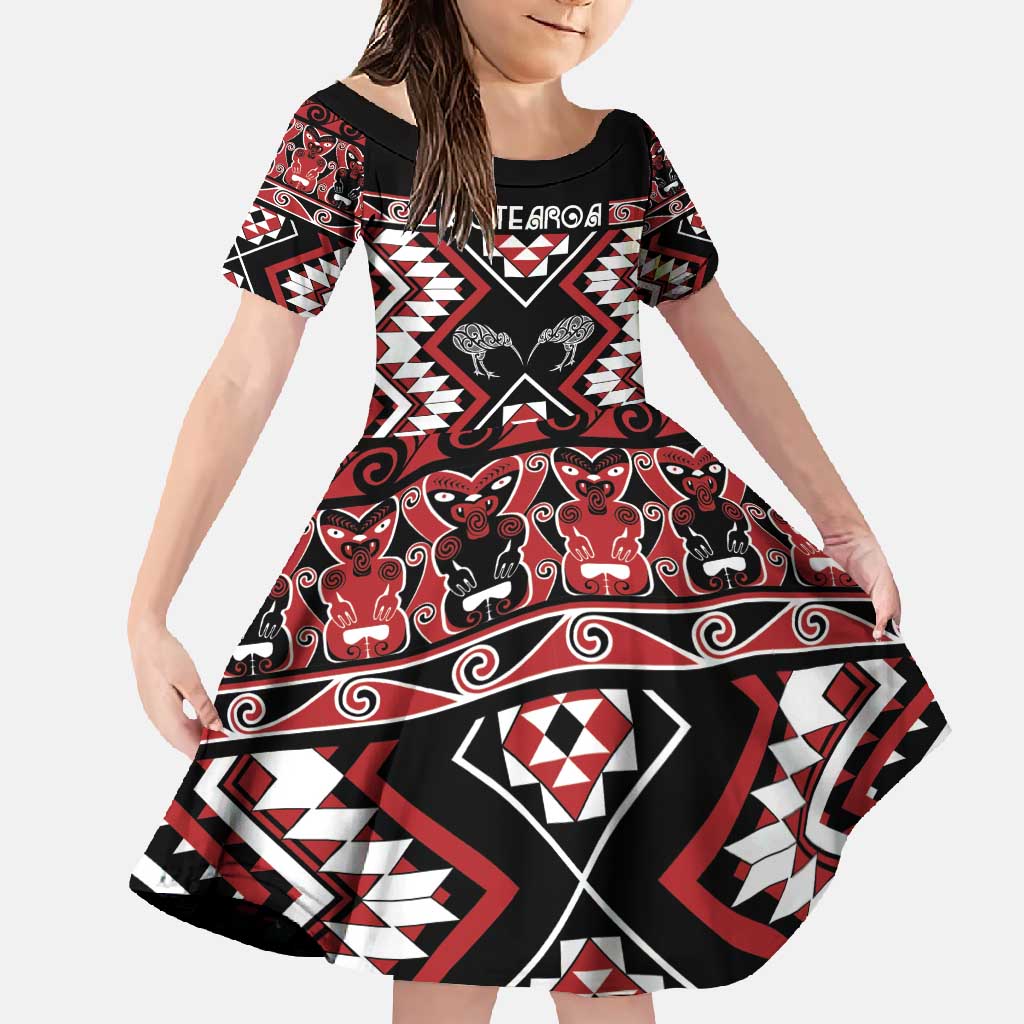Personalised Taniko Motifs Aotearoa Family Matching Long Sleeve Bodycon Dress and Hawaiian Shirt Waitangi Kowhaiwhai Kiwi LT7 Daughter's Dress Red - Polynesian Pride