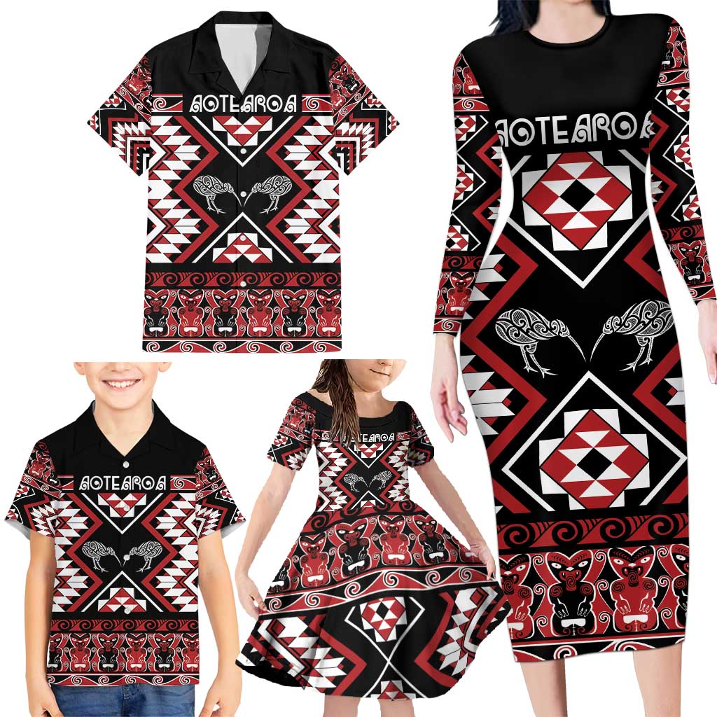Personalised Taniko Motifs Aotearoa Family Matching Long Sleeve Bodycon Dress and Hawaiian Shirt Waitangi Kowhaiwhai Kiwi LT7 - Polynesian Pride