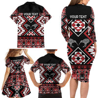 Personalised Taniko Motifs Aotearoa Family Matching Long Sleeve Bodycon Dress and Hawaiian Shirt Waitangi Kowhaiwhai Kiwi LT7 - Polynesian Pride