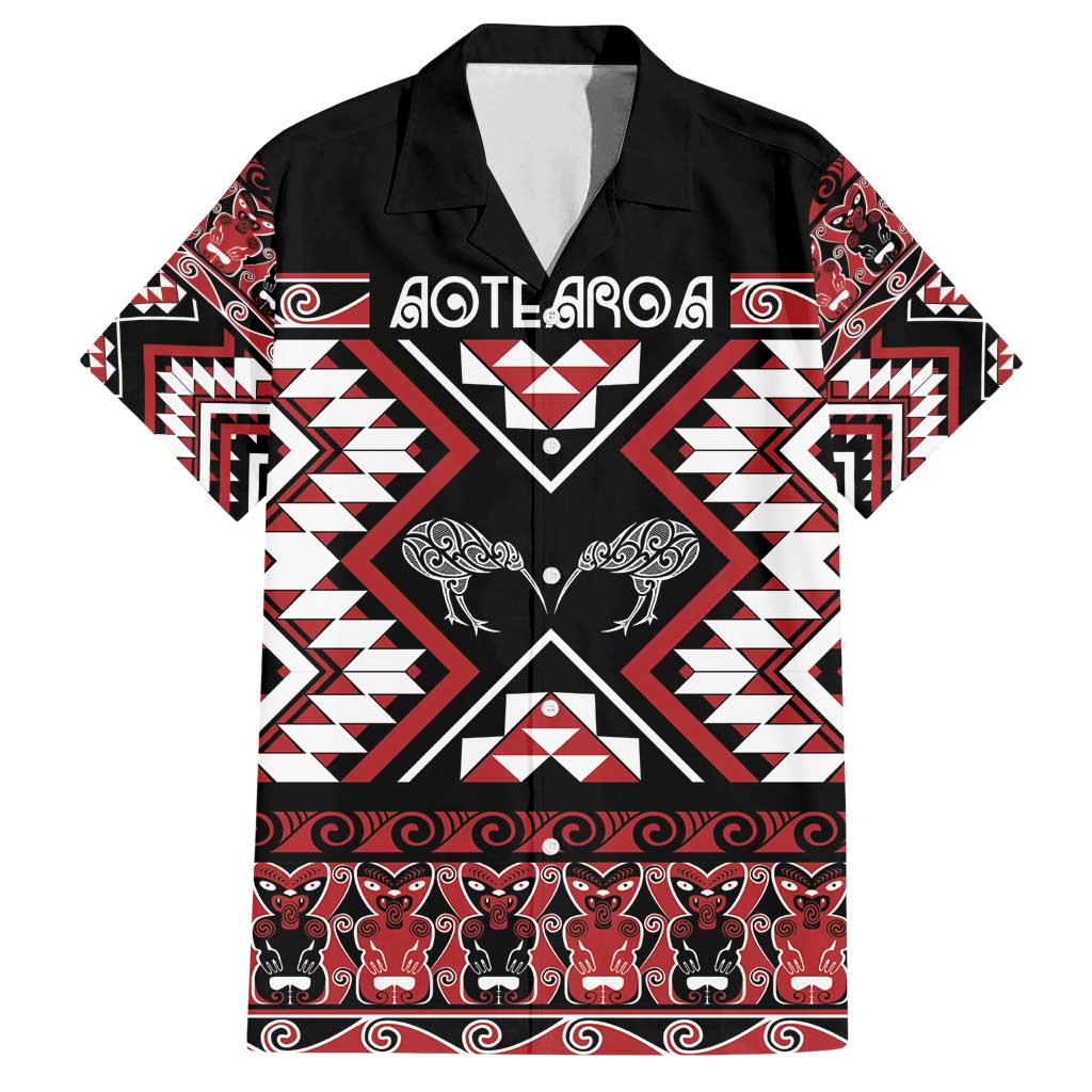 Personalised Taniko Motifs Aotearoa Family Matching Long Sleeve Bodycon Dress and Hawaiian Shirt Waitangi Kowhaiwhai Kiwi LT7 Dad's Shirt - Short Sleeve Red - Polynesian Pride