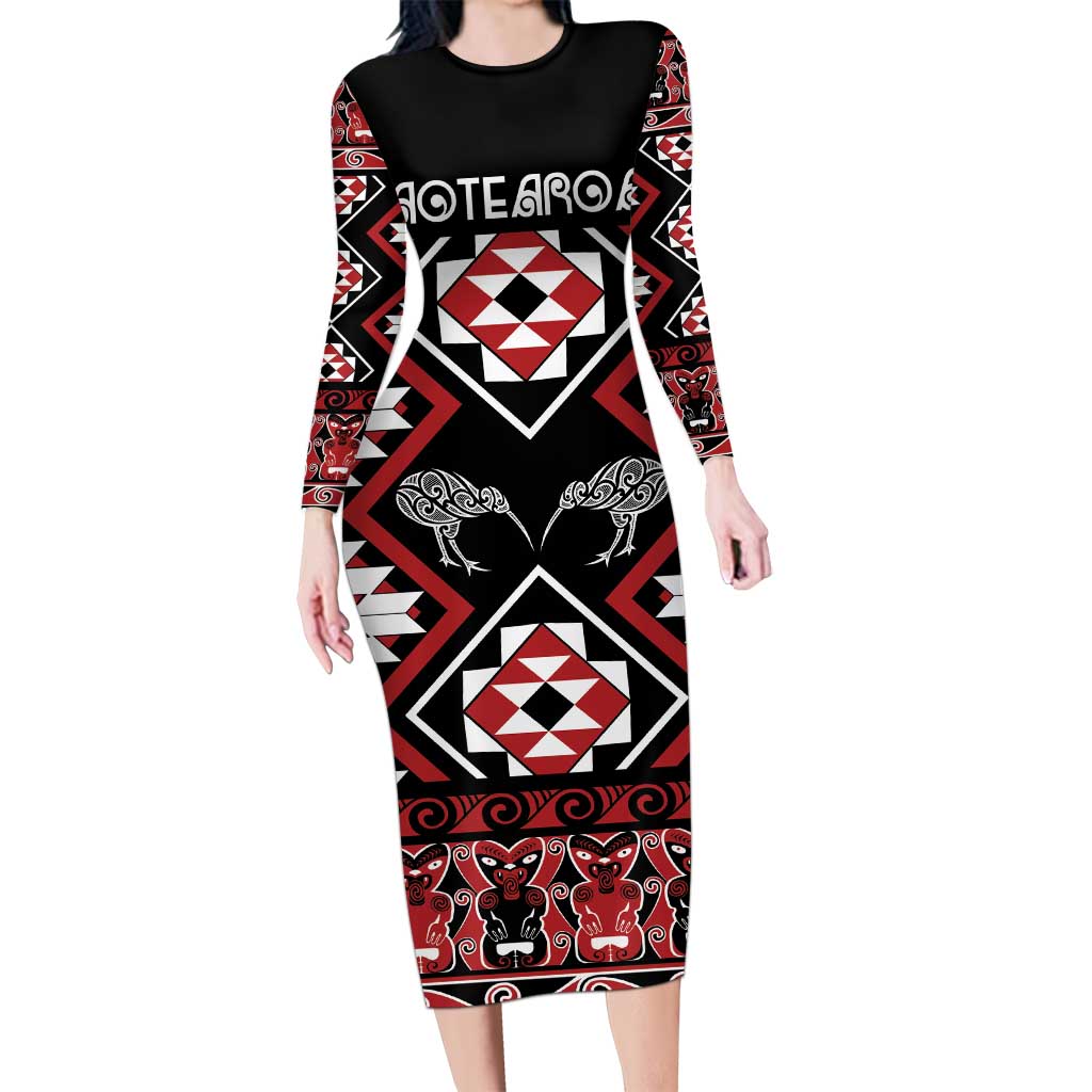 Personalised Taniko Motifs Aotearoa Family Matching Long Sleeve Bodycon Dress and Hawaiian Shirt Waitangi Kowhaiwhai Kiwi LT7 Mom's Dress Red - Polynesian Pride