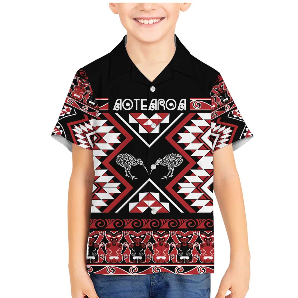 Personalised Taniko Motifs Aotearoa Family Matching Mermaid Dress and Hawaiian Shirt Waitangi Kowhaiwhai Kiwi LT7 Son's Shirt Red - Polynesian Pride