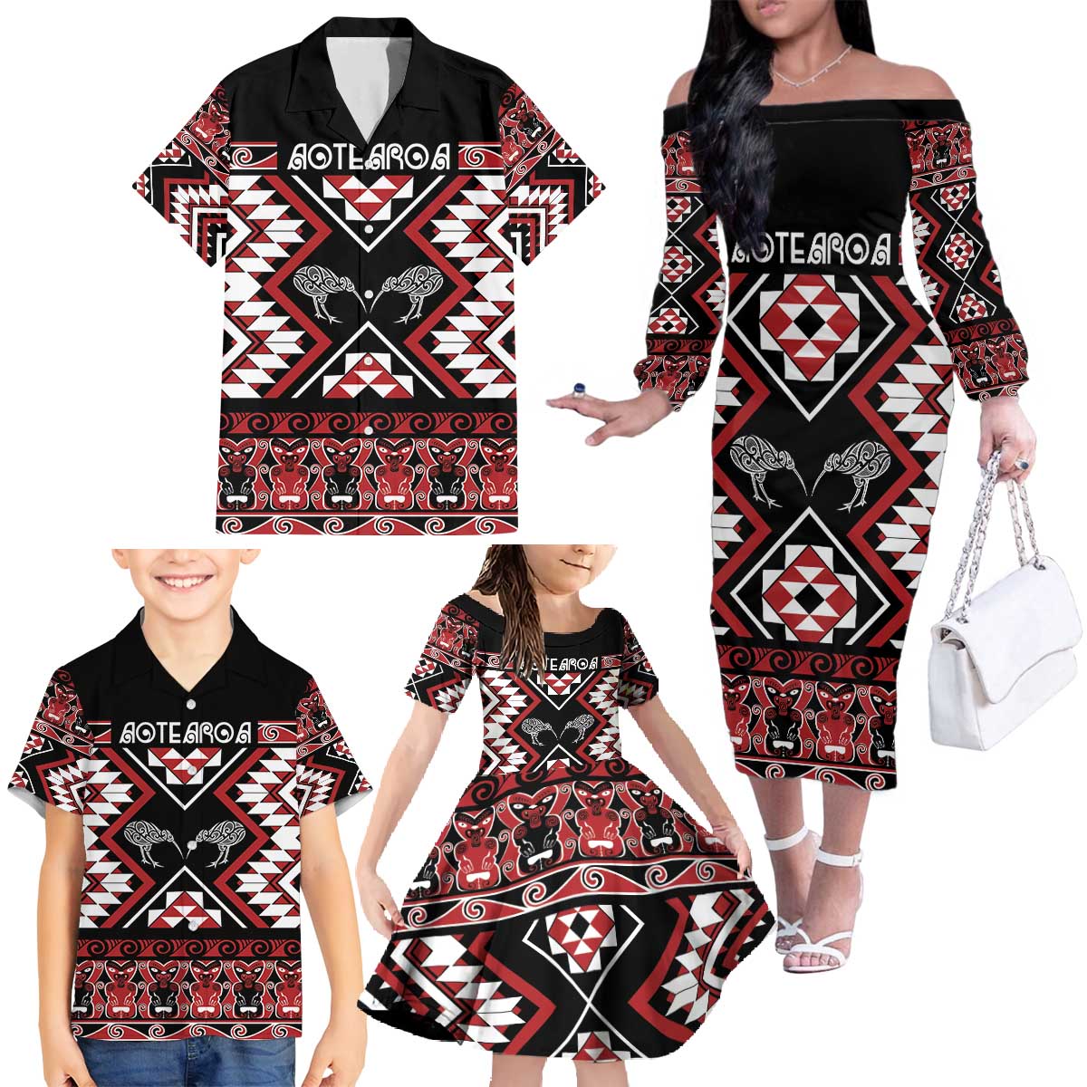 Personalised Taniko Motifs Aotearoa Family Matching Off The Shoulder Long Sleeve Dress and Hawaiian Shirt Waitangi Kowhaiwhai Kiwi LT7 - Polynesian Pride