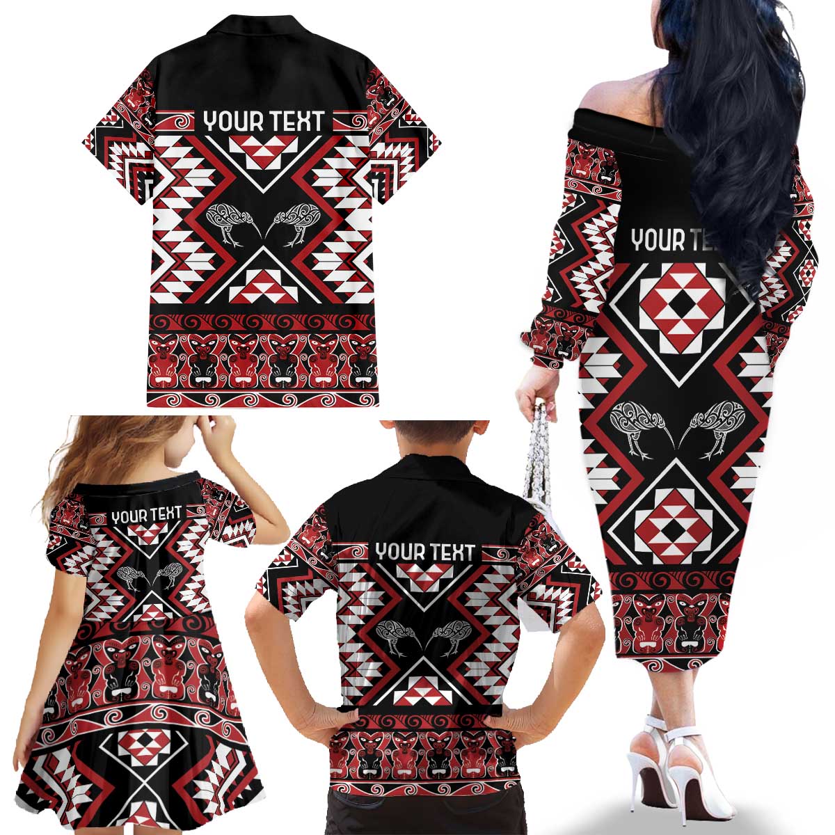 Personalised Taniko Motifs Aotearoa Family Matching Off The Shoulder Long Sleeve Dress and Hawaiian Shirt Waitangi Kowhaiwhai Kiwi LT7 - Polynesian Pride