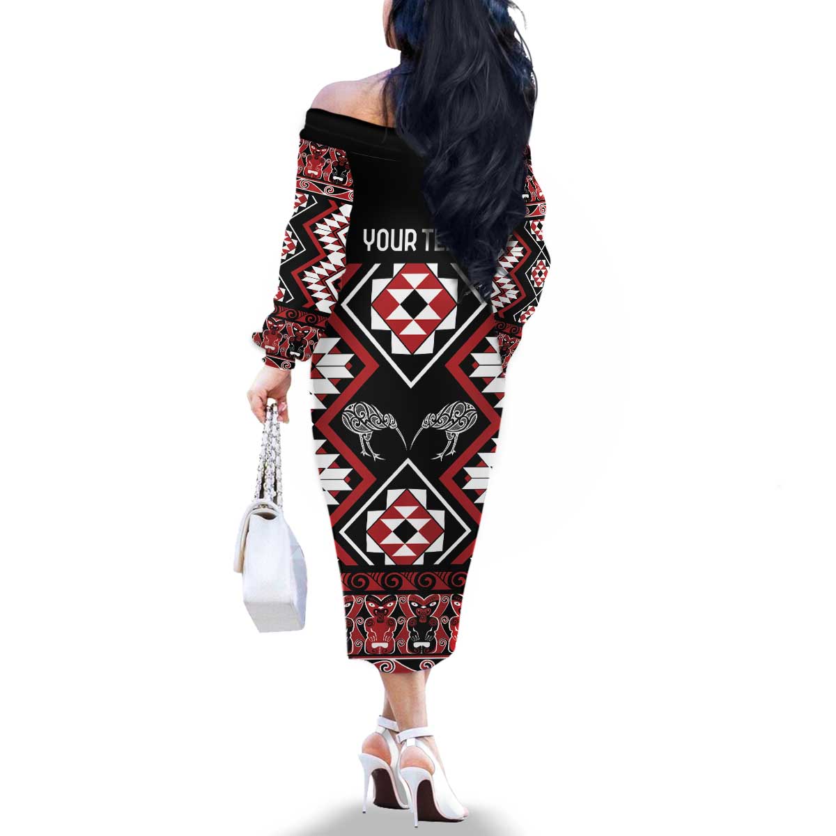 Personalised Taniko Motifs Aotearoa Family Matching Off The Shoulder Long Sleeve Dress and Hawaiian Shirt Waitangi Kowhaiwhai Kiwi LT7 - Polynesian Pride