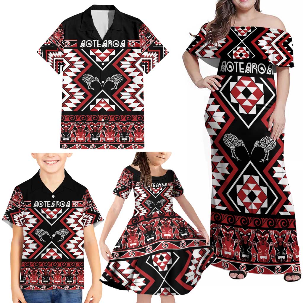 Personalised Taniko Motifs Aotearoa Family Matching Off Shoulder Maxi Dress and Hawaiian Shirt Waitangi Kowhaiwhai Kiwi LT7 - Polynesian Pride
