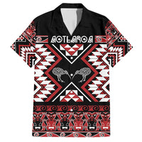 Personalised Taniko Motifs Aotearoa Family Matching Off Shoulder Maxi Dress and Hawaiian Shirt Waitangi Kowhaiwhai Kiwi LT7 Dad's Shirt - Short Sleeve Red - Polynesian Pride