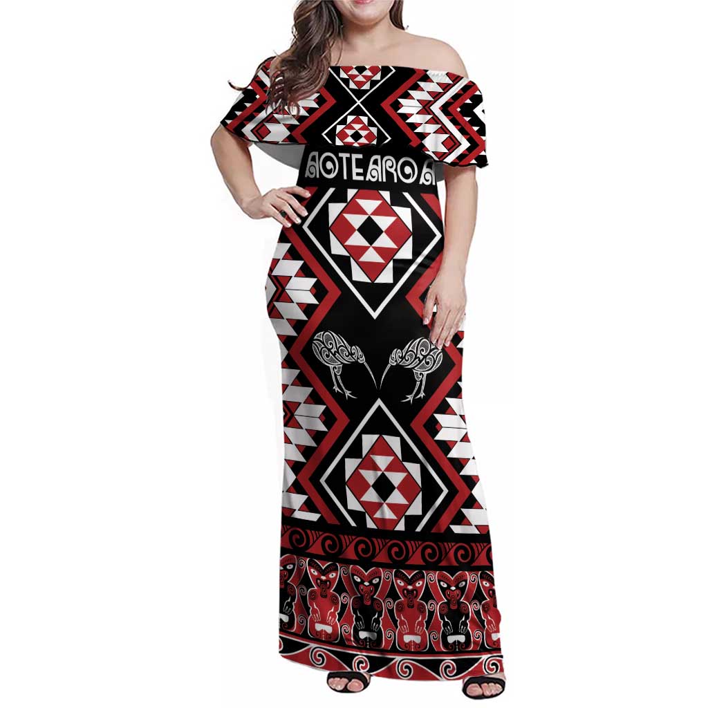 Personalised Taniko Motifs Aotearoa Family Matching Off Shoulder Maxi Dress and Hawaiian Shirt Waitangi Kowhaiwhai Kiwi LT7 Mom's Dress Red - Polynesian Pride