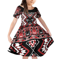 Personalised Taniko Motifs Aotearoa Family Matching Off Shoulder Short Dress and Hawaiian Shirt Waitangi Kowhaiwhai Kiwi LT7 Daughter's Dress Red - Polynesian Pride