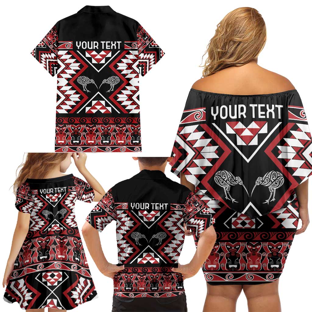 Personalised Taniko Motifs Aotearoa Family Matching Off Shoulder Short Dress and Hawaiian Shirt Waitangi Kowhaiwhai Kiwi LT7 - Polynesian Pride