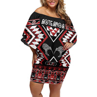 Personalised Taniko Motifs Aotearoa Family Matching Off Shoulder Short Dress and Hawaiian Shirt Waitangi Kowhaiwhai Kiwi LT7 Mom's Dress Red - Polynesian Pride