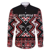Personalised Taniko Motifs Aotearoa Family Matching Puletasi and Hawaiian Shirt Waitangi Kowhaiwhai Kiwi LT7 Dad's Shirt - Long Sleeve Red - Polynesian Pride